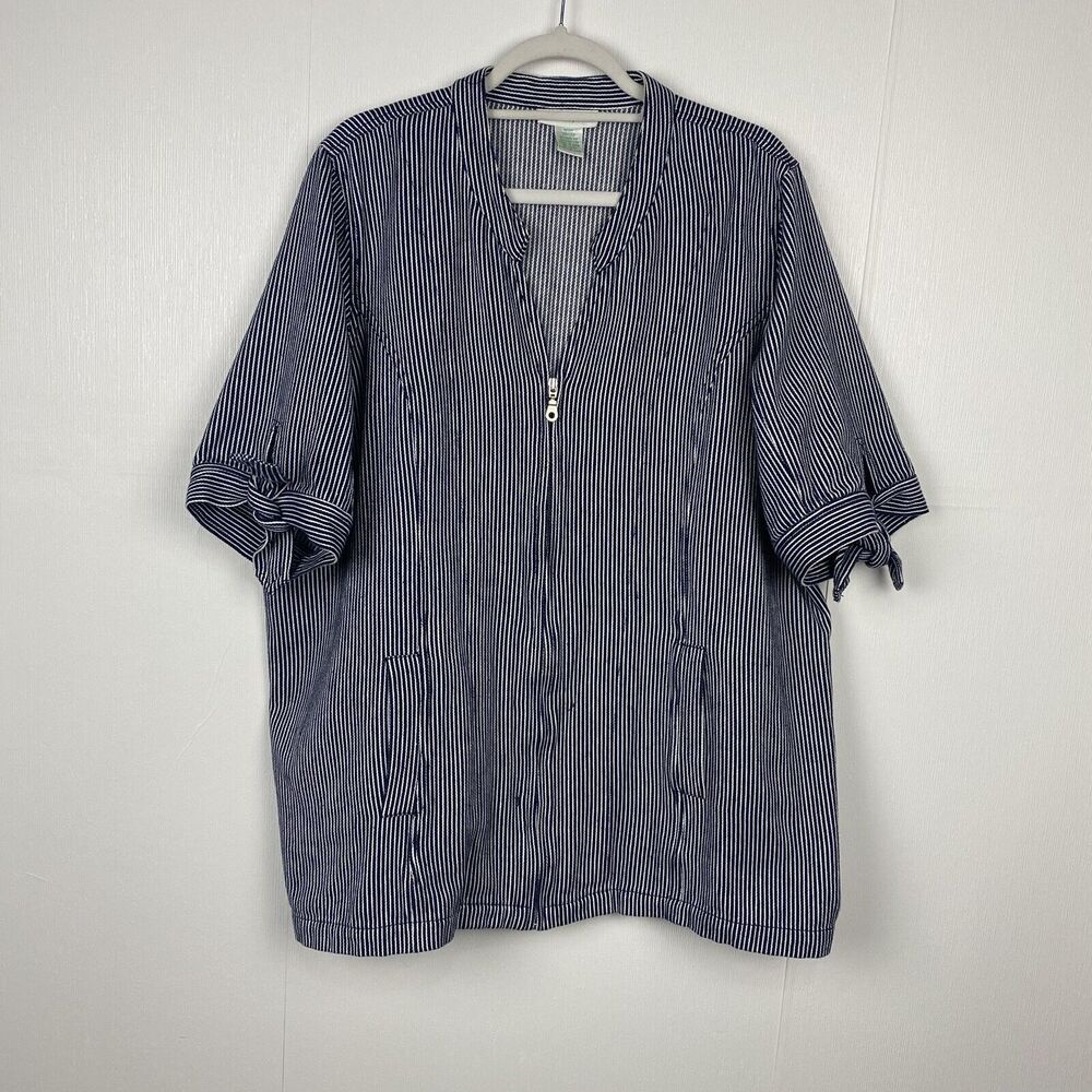 Ulla Popken Zip Up Blouse/jacket Black White Stripe Short Sleeve Size 20/22